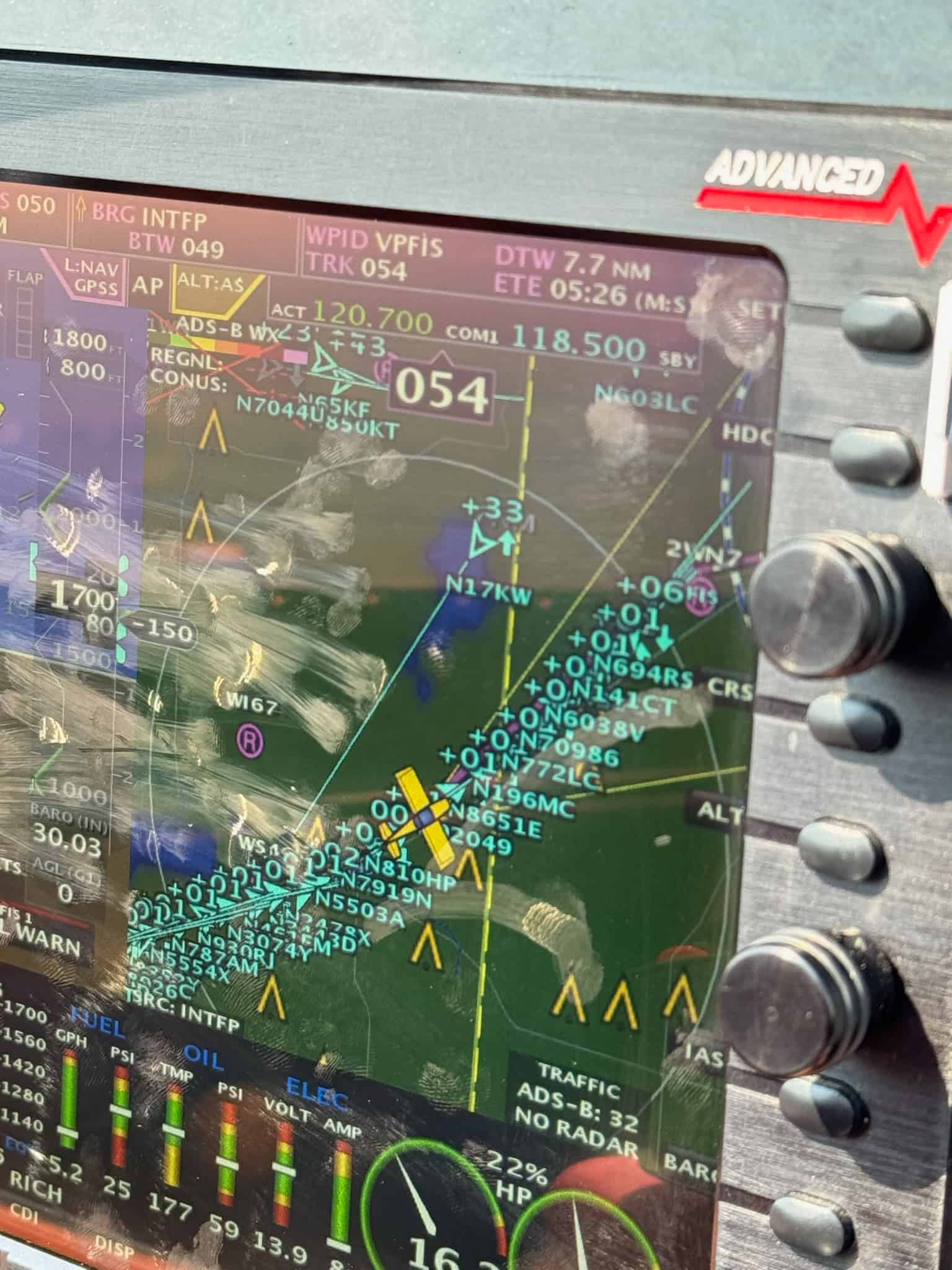 Cockpit display showing dense aviation traffic